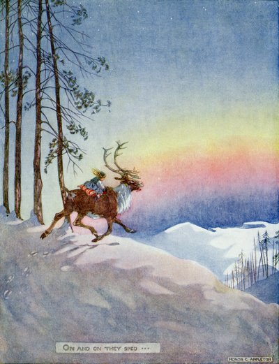 On and On They Sped, de "La Reina de las Nieves" en una edición de "Cuentos de Hadas" de Hans Christian Andersen (1805-75) 1920 (acuarela sobre papel) de Honor Charlotte Appleton
