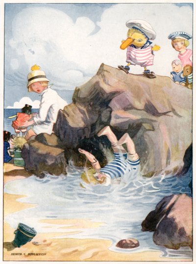 La pobre Amy cayó bajo el mar", ilustración de "Josephine is Busy", de H.C. Cradock, publicada por Blackie & Son, Ltd. (litografía en color) de Honor Charlotte Appleton
