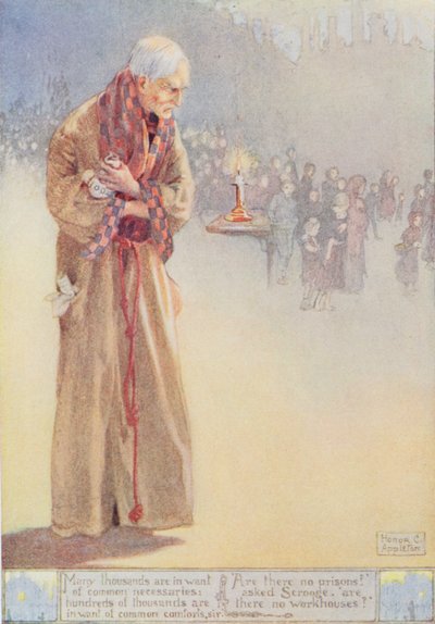 Scrooge sobre los pobres", ilustración de "Un cuento de Navidad" (1843) de Charles Dickens (1812-70) (litografía en color) de Honor Charlotte Appleton