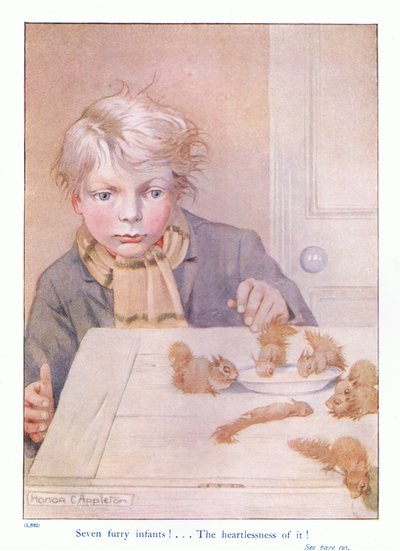 Siete niños peludos, ilustración de "More About the Squirrels" de Eleanor Tyrell, c.1915 (litografía en color) de Honor Charlotte Appleton
