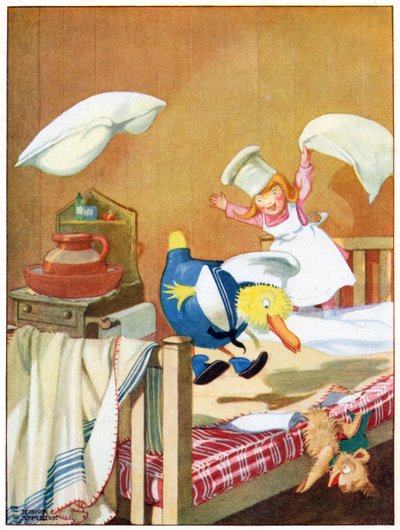 Los Footmen se persiguen sobre las camas, ilustración de 