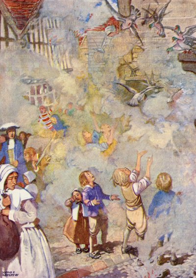 "Las pobres palomas no querían salir de sus casas" (litografía en color) de Honor Charlotte Appleton
