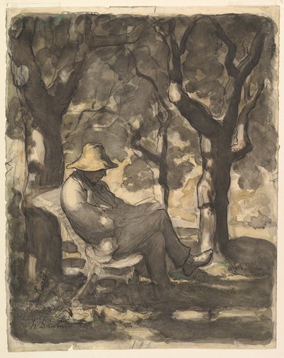 Un hombre leyendo en un jardín (boceto preliminar) de Honoré Daumier