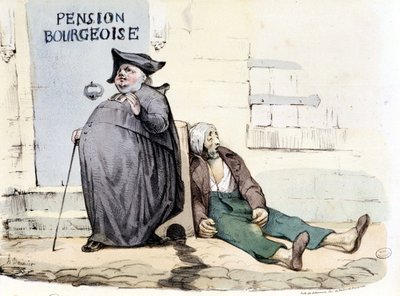 Un sacerdote gordo y repuesto junto a un pobre paciente tirado en el suelo - en “La Silhouette” de Honoré Daumier