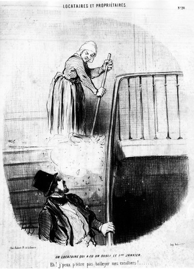 Un inquilino que tuvo un olvido el 1 de enero. ¡Oye! ¡No puedo tirar a mis escaladores! , tomado de “Inquilinos y Propietarios”, serie de caricaturas de Honoré Daumier. “Charivari” de Honoré Daumier