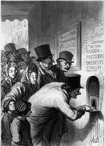 Una ventana de teatro. Caricatura de Honore Daumier (1808-1879). Grabado en “Le Monde Illustré” n°269 de 7 de junio de 1862 de Honoré Daumier