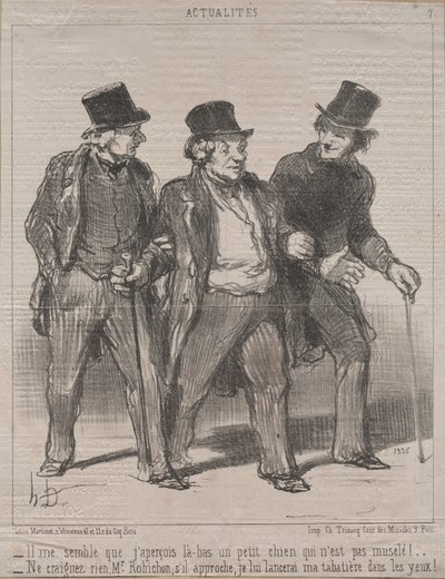 Actualidades (No. 7): Me parece que noto un perrito allí que no está amordazado!...No se preocupe, Sr. Rohichon; si se acerca, le lanzaré mi tabaquera a los ojos! de Honoré Daumier