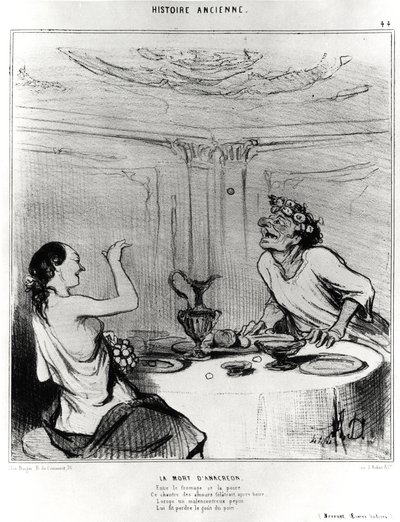 Historia antigua: la muerte de Anacreonte, caricatura para ilustrar un extracto de las obras jocosas de Jacques-Bénigne Bossuet: 