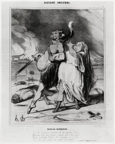 Historia antigua: Menelao vencedor, caricatura para ilustrar un extracto de la Ilíada de Homero: “En las murallas humeantes de la soberbia Troya, Menelao, hijo de los dioses, como un rico botín, arrebata a su rubia Helena y la lleva a su corte Más hermosa  de Honoré Daumier
