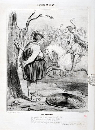 Obra de Honoré Daumier (1808-1879). Charivari data de 1842: Serie HISTORIA ANTIGUA Las Amazonas. "Al primer fuego del día, ante su noble reina, se las vio domando caballos llenos de ardor. Y el joven vencedor en medio de la arena recibió..." de Honoré Daumier