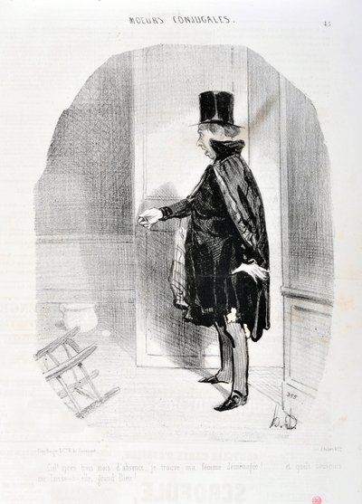 Obra de Honoré Daumier (1808-1879). Charivari data de 1842: Serie MORES CONJUALES Cielo después de tres meses de ausencia encuentro a mi esposa demenagee y qué recuerdos lavo su gran Dios! MUSEO DE BELLAS ARTES - PALACIO LONGCHAMP, MARSELLA de Honoré Daumier