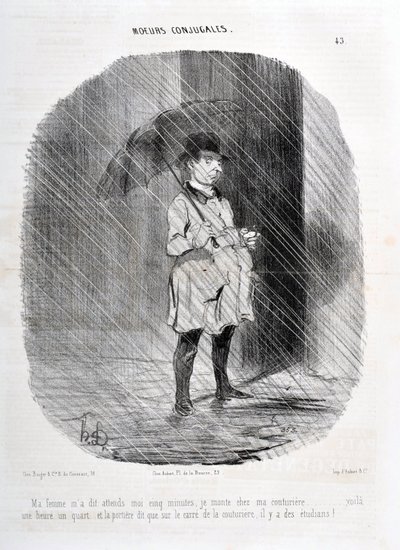Obra de Honoré Daumier (1808-1879). Charivari data de 1842: Serie COSTUMBRES CONYUGALES “Mi esposa me dijo que esperara cinco minutos, subo a mi costurera hace una hora y cuarto y la puerta dice que en la plaza de la costurera hay estudiantes!” de Honoré Daumier
