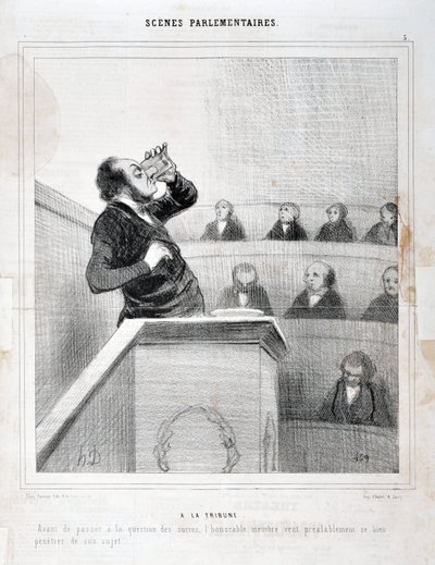Obra de Honoré Daumier (1808-1879). Charivari data de 1843: Serie ESCENAS PARLAMENTARIAS. En la galería - Antes de pasar a la cuestión de los azúcares, el honorable miembro quiere pensar bien en su tema. MUSEO DE BELLAS ARTES - PALACIO LONGCHAMP, MARSELLA de Honoré Daumier