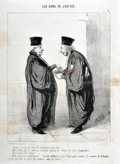 Obra de Honoré Daumier (1808-1879). Charivari data de 1845: Serie LES PEOPLES DE JUSTICE -¡Como te dije verazmente tu hecho! Éramos hermosos. ¡Éramos hermosos!... ¡realmente solo en el Palais sabemos la forma de argumentar y hablar de ello! de Honoré Daumier