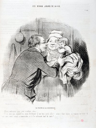 Obra de Honoré Daumier (1808-1879). Charivari data de 1848: Serie Los buenos días de la vida. La visita a la nodriza - Vamos a besar al papá, pequeño niño querido - Hoy no quiere, pero usualmente... MUSEO DE BELLAS ARTES - PALACIO LONGCHAMP, MARSELLA de Honoré Daumier