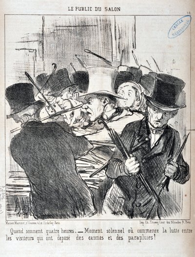 Serie LE PUBLIC DU SALON - “Cuando suenan las cuatro horas.- momento solemne o comienza la lucha entre los visitantes que han depositado bastones y paraguas” de Honoré Daumier
