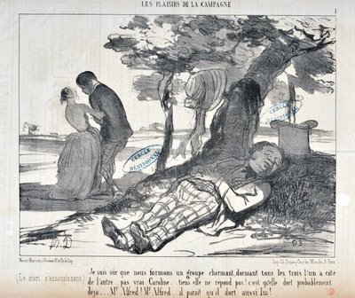 Serie LES PLAISIRS DE LA CAMPAGNE "Estoy seguro de que formamos un grupo encantador, los tres uno al otro... ¿verdad Caroline?... mira, no responde! Probablemente ya está dormida" de Honoré Daumier