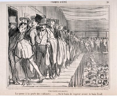 Obra de Honoré Daumier (1808-1879). Charivari data de 1858: Serie CRUQUIS DE VERANO. Una visita a los baños “La cola en la puerta de los gabinetes... - O el baño de vapor antes del baño frío” MUSEO DE BELLAS ARTES - PALACIO LONGCHAMP, MARSELLA de Honoré Daumier