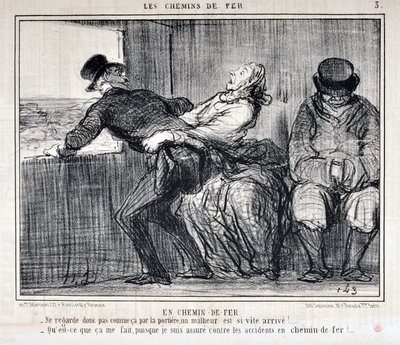 Obra de Honoré Daumier (1808-1879). Charivari data de 1858: Serie LOS FERROCARRILES “-Así que no mires así por la puerta, ¡un infortunio viene tan rápido!... - ¿Qué me importa, si estoy asegurado contra accidentes en el ferrocarril?” de Honoré Daumier
