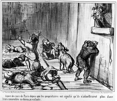 Aspecto de las calles de París desde que los propietarios dijeron que ya no admitirían en sus edificios ni perros ni niños, tomado de “Inquilinos y Propietarios”, una serie de caricaturas de Honoré Daumier. “Charivari” de Honoré Daumier