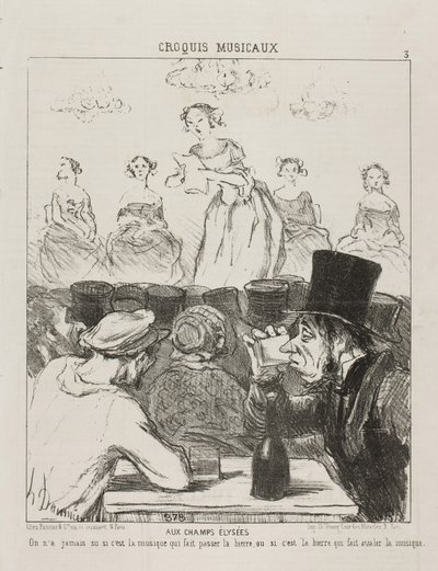En los Campos Elíseos, nunca ha estado claro si la música hace que la cerveza baje, o la cerveza que te hace tragar la música, placa 3 de Croquis Musicaux, 1852 de Honoré Daumier