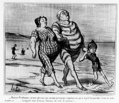 En los baños de mar: familia parisina paseando por una playa - por Daumier, en "Charivari" de Honoré Daumier