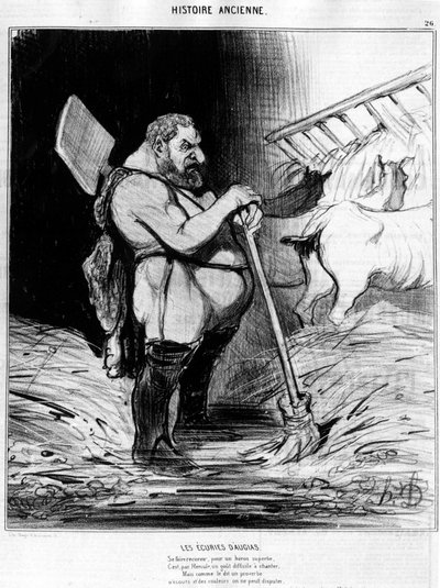 Establos de Augias. Hombre con apariencia de enano en un establo: tomado de “Historia Antigua”, caricatura de Honoré Daumier de Honoré Daumier