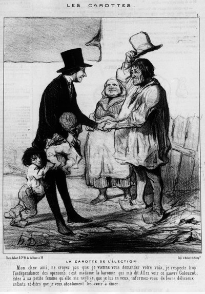 Candidato para la elección visita a una familia de campesinos: "La zanahoria de la elección" - caricatura de Daumier, en "Charivari" del 21/03/1844 de Honoré Daumier