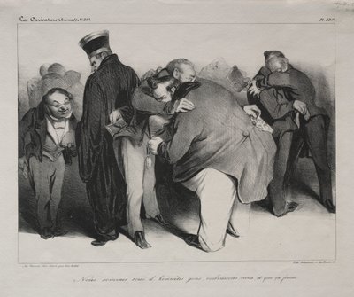 Caricatura, lámina 439: Todos somos hombres honestos, así que abracémonos y terminemos con esto de Honoré Daumier