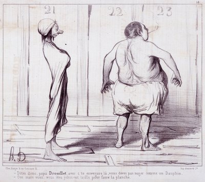 Caricatura sobre apariencias. Serie "Los Bañistas": Dile a papá Drouillet... Grabado de Honoré Daumier (1808-1879). Extracto del periódico "Le Charivari" de Honoré Daumier
