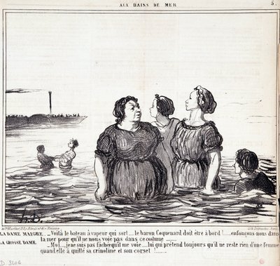 Caricatura sobre apariencias y moda. Serie “Les Bains de Mer”: La dama delgada (...), la dama gorda (...). Extracto del periódico “Le Charivari” 16 de septiembre de Honoré Daumier