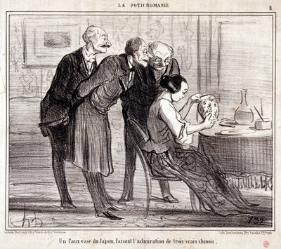Caricatura sobre coleccionistas de arte. Serie "Potichomania": Un jarrón falso de Japón admirando a tres chinos. Grabado de Honoré Daumier (1808-1879). Extracto del periódico "Le Charivari" de Honoré Daumier