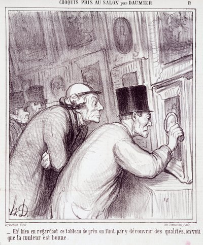 Caricatura sobre amantes del arte. Serie “Boceto tomado en el Salón por Daumier”: “¡Eh! bien mirando este cuadro, terminamos descubriendo calidad, vemos que el color es bueno”. Grabado por Honoré Daumier (1808-1879). Extracto del periódico “Le Charivari” de Honoré Daumier