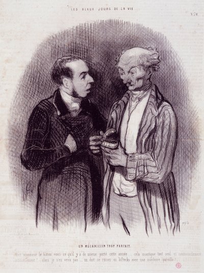 Caricatura sobre cirujanos dentales. Serie "Los Bellos Días de la Vida": Un mecánico demasiado perfecto... Grabado de Honoré Daumier (1808-1879). Extracto del periódico "Le Charivari" del 22 de septiembre de Honoré Daumier