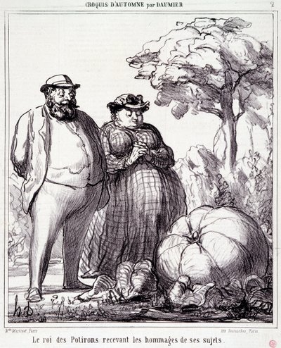Caricatura sobre jardinería. Serie "Boceto de Otoño": El Rey de las Calabazas recibiendo tributos de sus súbditos. Grabado de Honoré Daumier (1808-1879). Extracto del periódico "Le Charivari" del 23 de septiembre de Honoré Daumier
