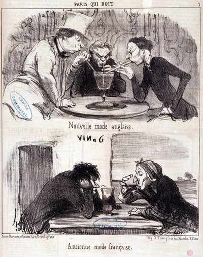 Caricatura sobre abuso gastronómico. Serie “París que bebe”: nueva moda inglesa y antigua moda francesa. Grabado por Honoré Daumier (1808-1879). Extracto del periódico “Le Charivari” 23 de junio de 1852 Dim 37x26 cm Inv D 2312 - caja 24 N°7. Marsella, Muse de Honoré Daumier