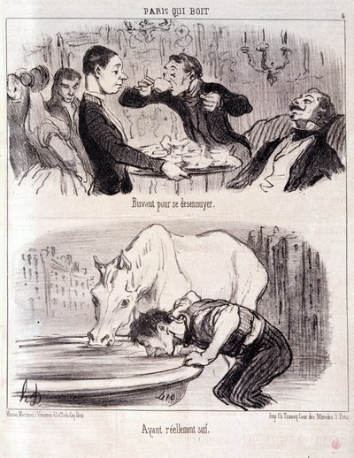Caricatura sobre abuso gastronómico. Serie París bebiendo: “Beber para aburrirse. Realmente sediento.” Grabado de Honore DAUMIER (1808-1879). Extracto del periódico “Le Charivari” 16 de junio de 1852 Dim 37x26cm Inv D 2310 - caja 24 N°5. Marsella, Museo de de Honoré Daumier