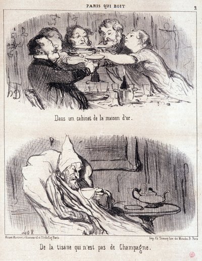 Caricatura sobre abuso gastronómico. Serie “París que bebe”: en un gabinete de la casa de oro. Tisana que no es champán. Extracto del periódico “Le Charivari” 4 de junio de Honoré Daumier