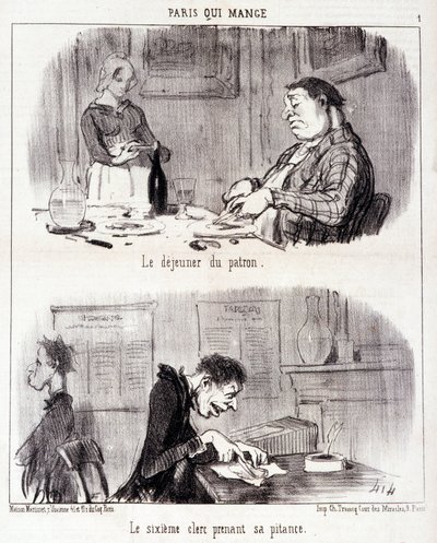 Caricatura sobre abuso gastronómico. Serie "París que come": El desayuno del jefe. El sexto empleado toma su pitanza. Grabado de Honoré Daumier (1808-1879). Extracto del periódico "Le Charivari" del 26 de junio de Honoré Daumier