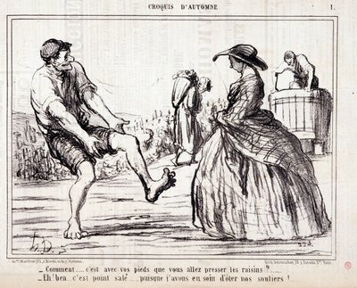 Caricatura sobre cosechadores pisando uvas descalzos. Serie "Boceto de Otoño": ¿Cómo... vas a exprimir las uvas con los pies? Grabado de Honoré Daumier (1808-1879). Extracto del periódico "Le Charivari" de Honoré Daumier