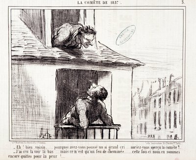 Caricatura sobre la ciencia. Serie sobre "El cometa de 1857": "Bueno vecino... ¿por qué hiciste tal grito?..." Grabado de Honoré Daumier (1808-1879). Extracto del periódico "Le Charivari" del 11 de marzo de Honoré Daumier