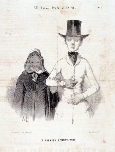 Caricatura sobre la pareja: Serie “Los Bellos Días de la Vida”: La primera cita. Extracto del periódico “Le Charivari” 2-3 de enero de Honoré Daumier
