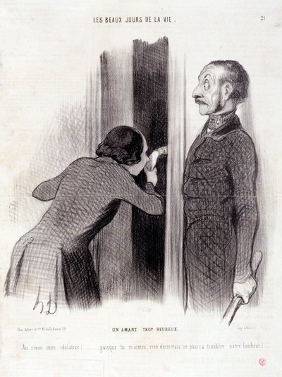 Caricatura sobre la pareja. Serie “Los Bellos Días de la Vida”: Un amante demasiado feliz... Extracto del periódico “Le Charivari” 1 de septiembre de Honoré Daumier