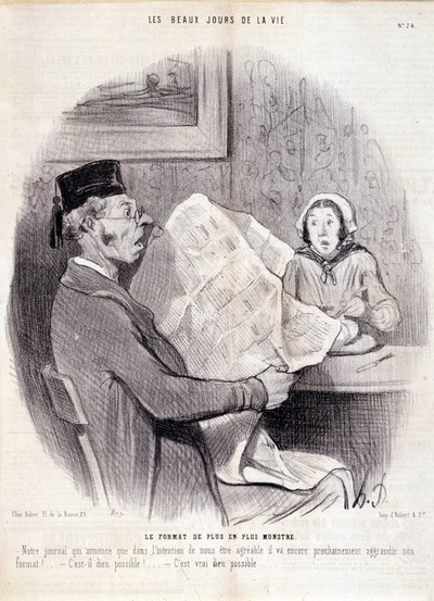 Caricatura sobre la prensa. Serie "Los hermosos días de la vida": "El formato cada vez más monstruoso...". Grabado por Honoré Daumier (1808-1879). Extracto del periódico "Le Charivari" el 18 de octubre de Honoré Daumier