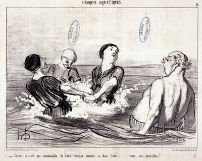 Caricatura sobre turistas de vacaciones en el mar. Serie “Los Baños de Mar”: “Boceto acuático. Veamos, no es razonable agitarte así en el agua... ¡me mojas!” Grabado de Honore DAUMIER (1808-1879). Extracto del periódico “Le Charivari” de Honoré Daumier