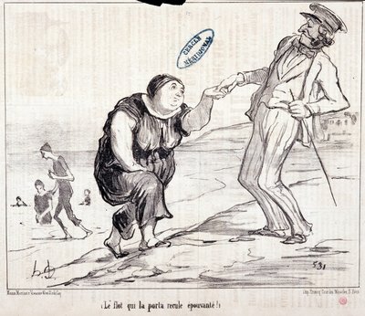 Caricatura sobre turistas de vacaciones. Serie “Ax Bains de Mer: “¡La inundación que lo llevó de vuelta aterradora!”. Grabado por Honoré Daumier (1808-1879). Extracto del periódico “Le Charivari” de Honoré Daumier