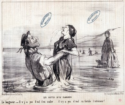 Caricatura sobre turistas de vacaciones. Serie “Les Bains de Mer”: Boceto acuático. Las secuencias de un clavado. Extracto del periódico “Le Charivari” en 1853 de Honoré Daumier