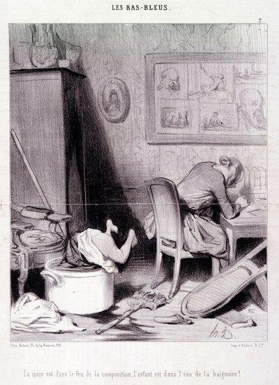 Caricatura sobre escritoras. Serie "Bas Bleus": "La madre está en el fuego de la composición, el niño está en el agua del baño!". Grabado de Honoré Daumier (1808-1879). Extracto del periódico "Le Charivari" del 20 de febrero de Honoré Daumier