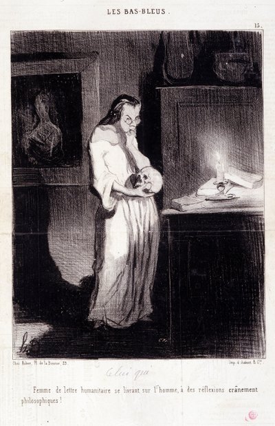Caricatura sobre escritoras. Serie “Les Bas Bleus”: ¡Mujer de carta humanitaria entregándose al hombre de reflexiones filosóficas! Extracto del periódico “Le Charivari” 10 de marzo de Honoré Daumier