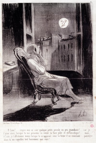 Caricatura sobre escritoras. Serie “Bas Bleus”: ¡Oh! Luna, inspírame esta noche... Extracto del periódico “Le Charivari” 28 de febrero de Honoré Daumier